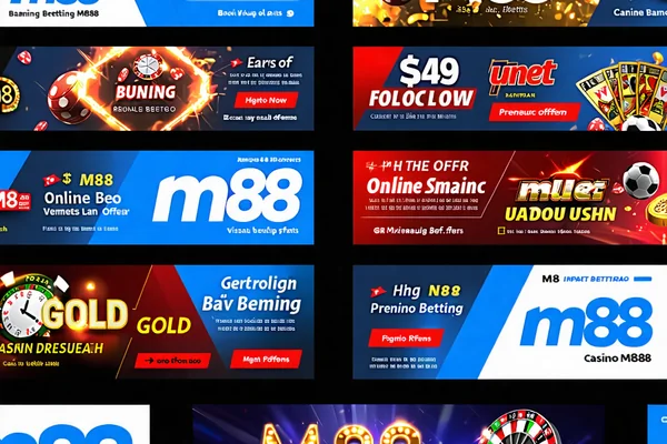 Hình ảnh đa dạng các banner quảng cáo kỹ thuật số với logo M88 và các ưu đãi hấp dẫn
