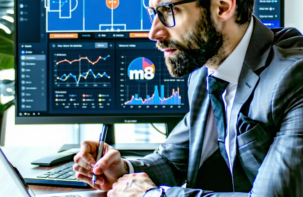 Hình ảnh một người đang phân tích dữ liệu bóng rổ và đặt cược trên thiết bị di động M88