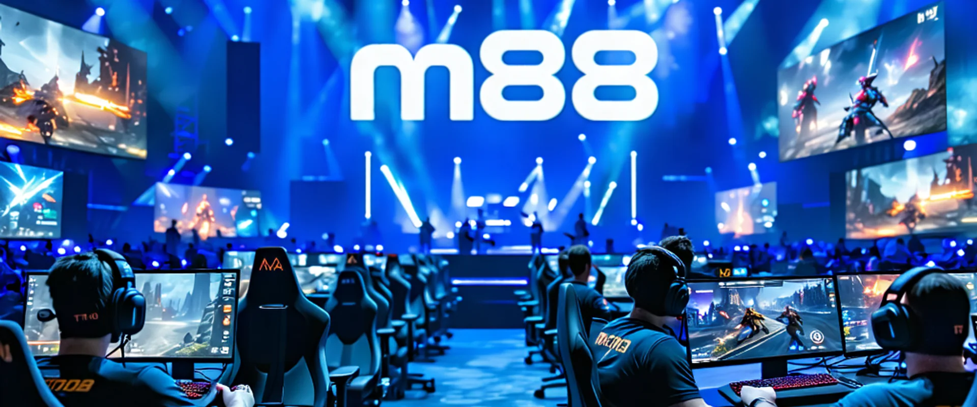 Hình ảnh game thủ Esports chuyên nghiệp đang thi đấu, thể hiện sự kịch tính và công nghệ cao của cá cược thể thao điện tử M88