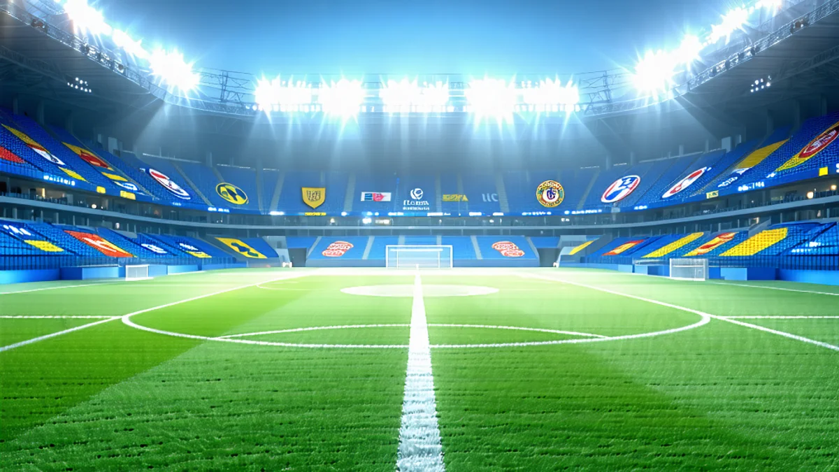 Hình ảnh sân vận động bóng đá với logo các giải đấu lớn như Premier League, La Liga, Champions League