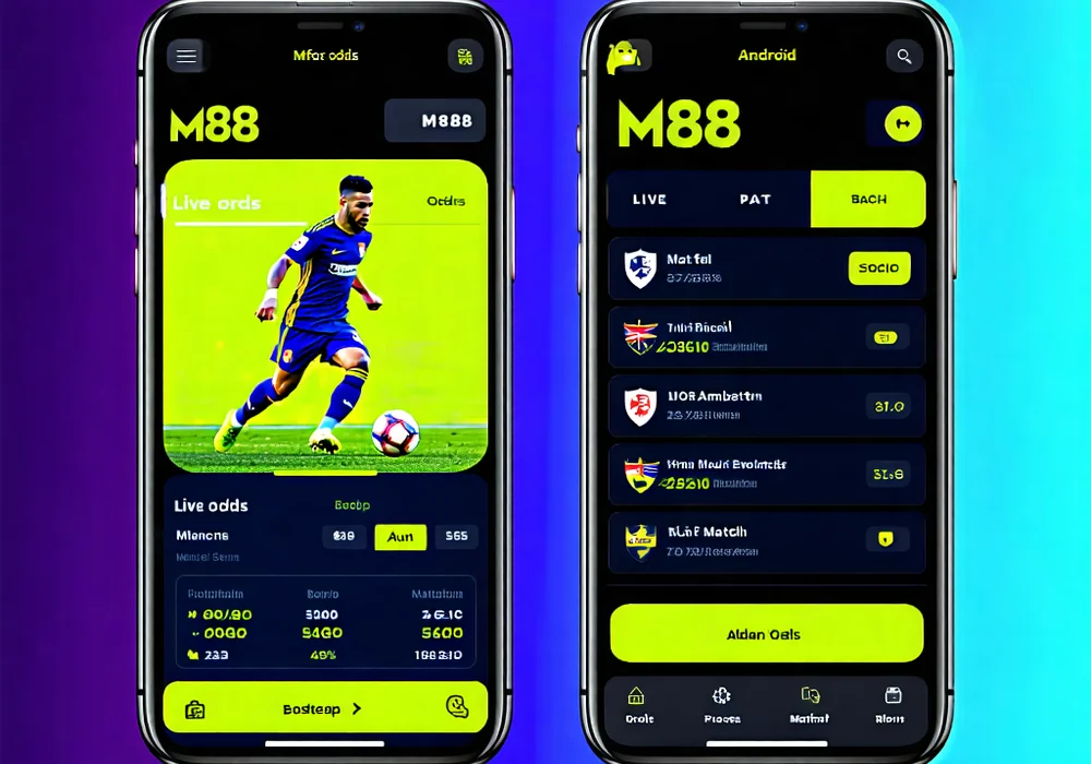 Màn hình điện thoại hiển thị ứng dụng M88 Mobile với giao diện cá cược bóng đá thân thiện
